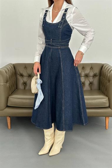 Toptan Mavi Midi Boy Bantlı Kot Elbise