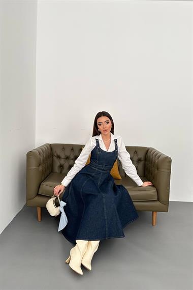 Toptan Mavi Midi Boy Bantlı Kot Elbise