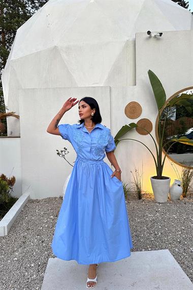 Toptan Mavi Nakışlı İşlemeli Elbise