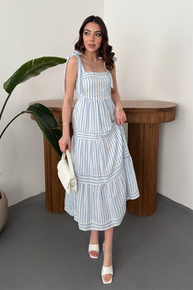 Toptan Mavi Omuzdan Bağlamalı Çizgili Elbise
