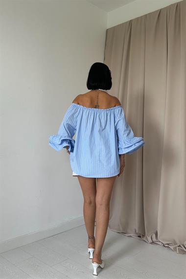 Toptan Mavi Omzu Lastikli Balenli Bluz