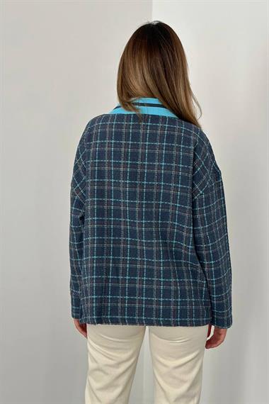 Toptan Mavi Ön Ribana Ekose Ceket