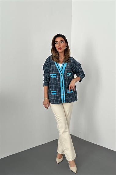 Toptan Mavi Ön Ribana Ekose Ceket