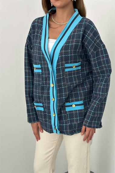 Toptan Mavi Ön Ribana Ekose Ceket