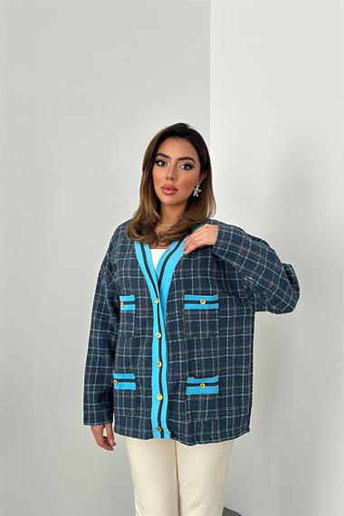 Toptan Mavi Ön Ribana Ekose Ceket