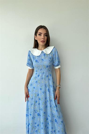 Toptan Mavi Önlük Yaka Çiçek Desen Elbise