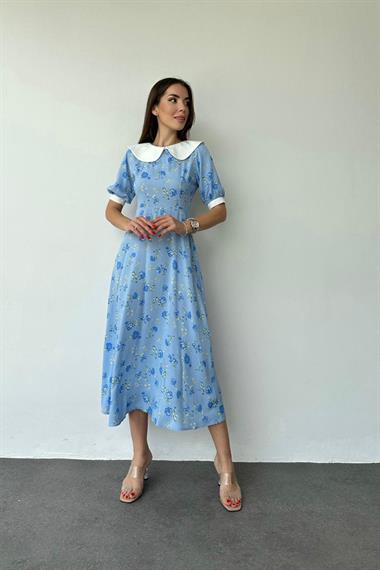 Toptan Mavi Önlük Yaka Çiçek Desen Elbise