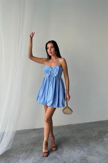 Toptan Mavi Önü Fiyonklu Askılı Elbise