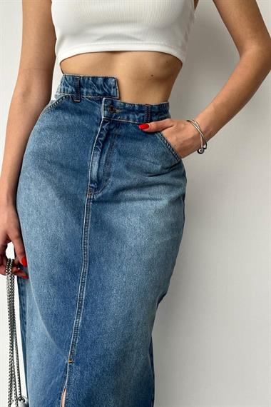 Toptan Mavi Önü Yırtmaçlı Yüksek Bel Etek