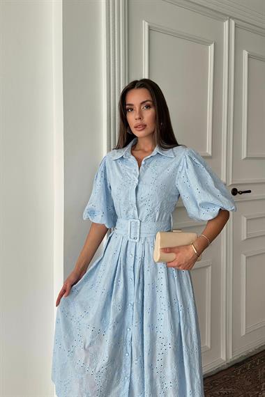 Toptan Mavi Pileli Balon Kol Elbise