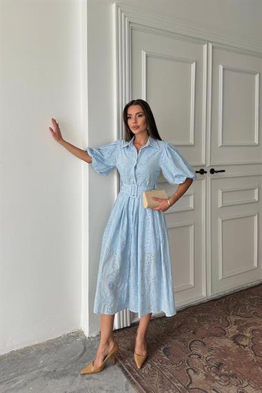 Toptan Mavi Pileli Balon Kol Elbise