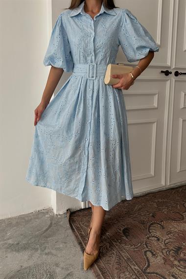 Toptan Mavi Pileli Balon Kol Elbise