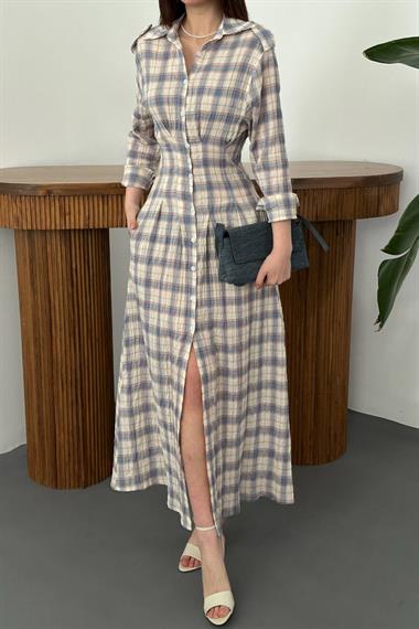 Toptan Mavi Pileli Ekoseli Elbise