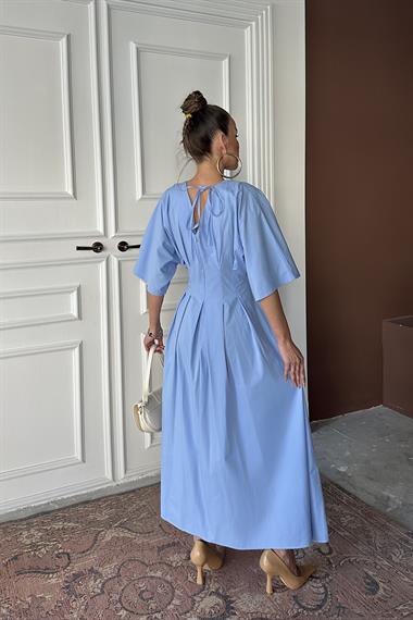 Toptan Mavi Pileli Uzun Elbise