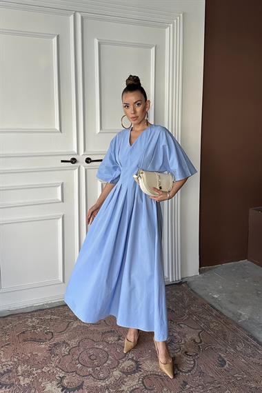 Toptan Mavi Pileli Uzun Elbise