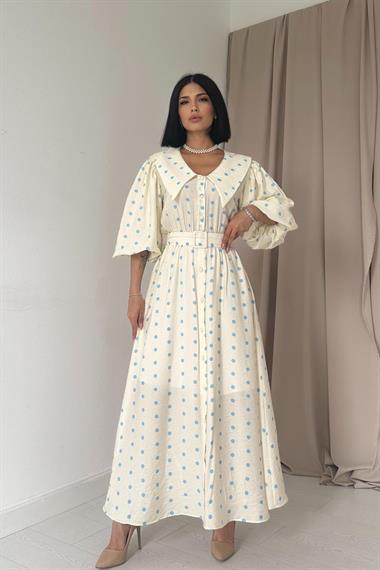 Toptan Mavi Puantiyeli Bebe Yaka Elbise