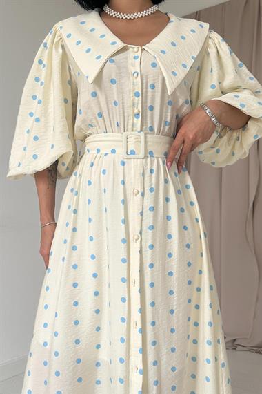 Toptan Mavi Puantiyeli Bebe Yaka Elbise