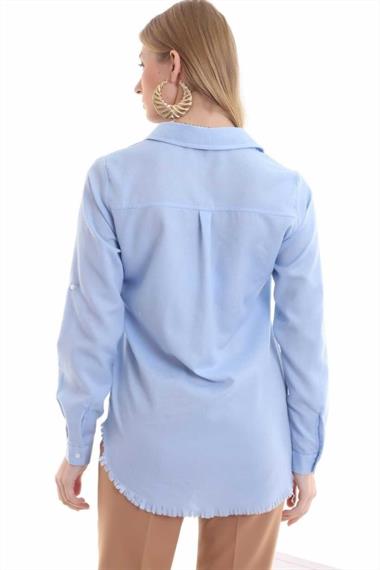 Toptan Mavi Püsküllü ve Garnili Gömlek