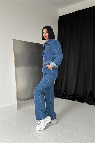 Toptan Mavi Rüzgarlık Detalı Kemerli Tulum