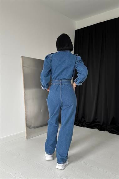 Toptan Mavi Rüzgarlık Detalı Kemerli Tulum