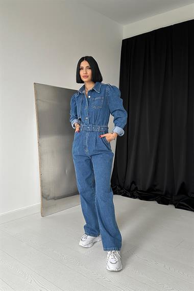 Toptan Mavi Rüzgarlık Detalı Kemerli Tulum