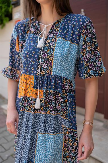 Toptan Mavi Salaş Desenli Elbise