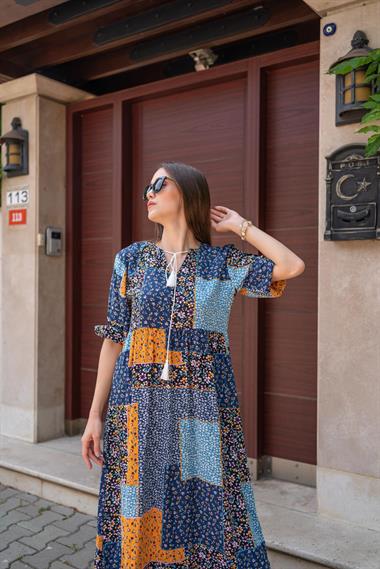 Toptan Mavi Salaş Desenli Elbise