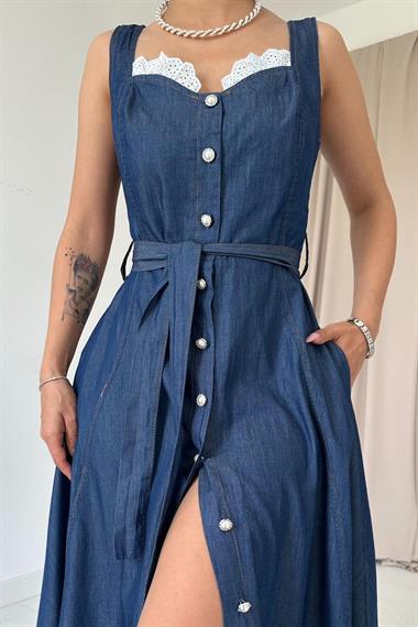 Toptan Mavi Sıfır Kol Tenzel Elbise