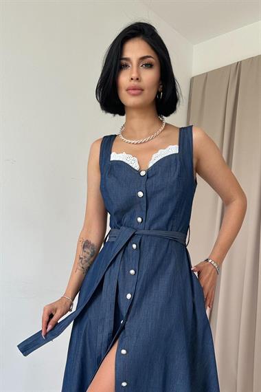 Toptan Mavi Sıfır Kol Tenzel Elbise