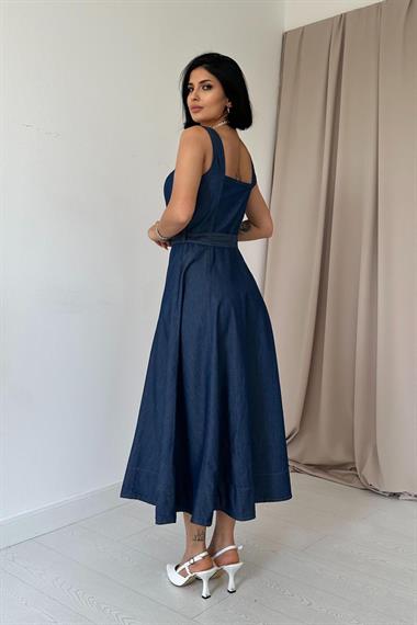 Toptan Mavi Sıfır Kol Tenzel Elbise