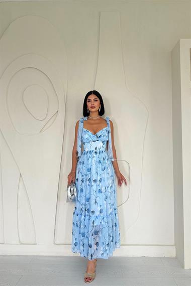 Toptan Mavi Şifon Drapeli Elbise