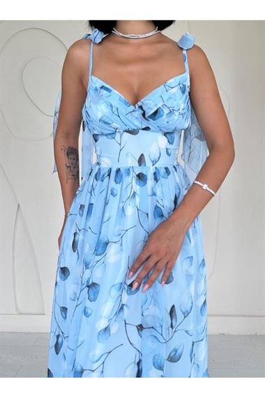 Toptan Mavi Şifon Drapeli Elbise