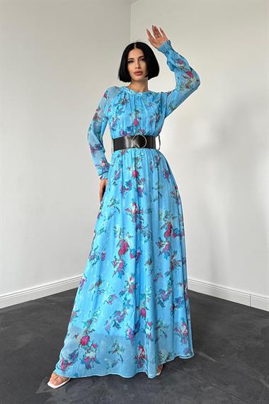 Toptan Mavi Şifon Elbise