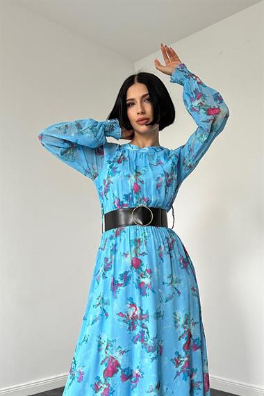 Toptan Mavi Şifon Elbise