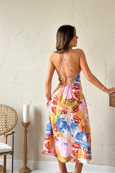 Toptan Mavi Sırt Dekolteli Keten Elbise