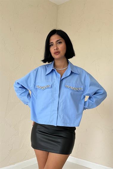 Toptan Mavi Taş İşlemeli Gömlek