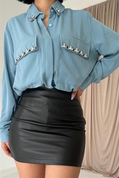 Wholesale Blue Stone Embroidered Satin Shirt