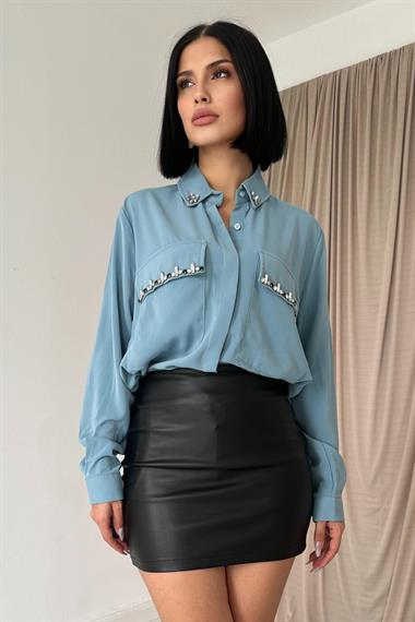Wholesale Blue Stone Embroidered Satin Shirt
