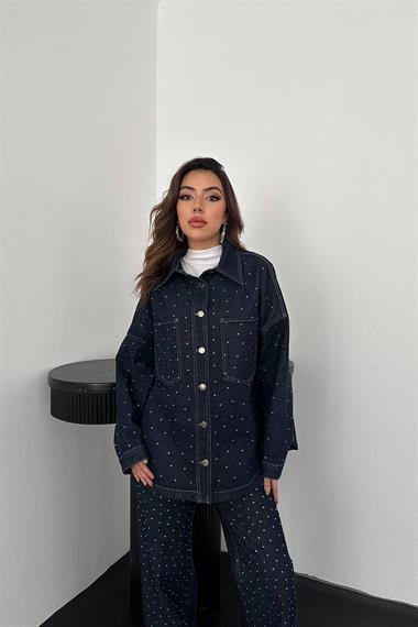 Toptan Mavi Taşlı Kot Gömlek Pantolon Takım