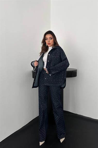 Toptan Mavi Taşlı Kot Gömlek Pantolon Takım