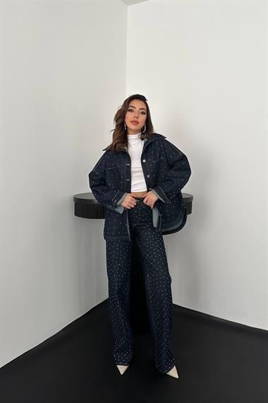 Toptan Mavi Taşlı Kot Gömlek Pantolon Takım