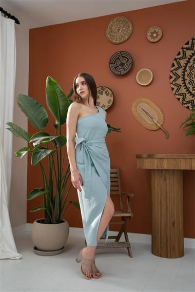 Toptan Mavi Tek Omuzlu Belden Bağlamalı Elbise