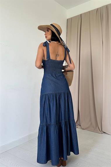 Toptan Mavi Tencel Bağlamalı Askılı Elbise