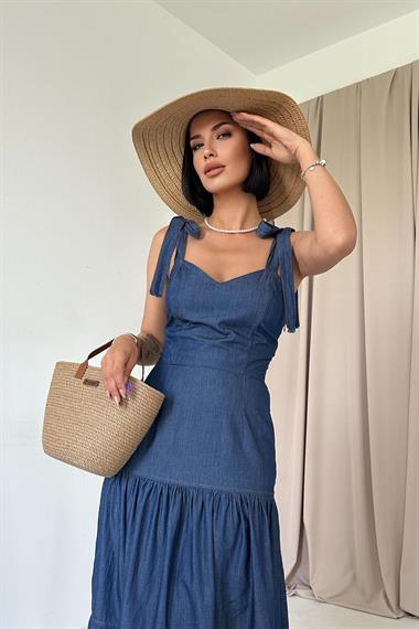 Toptan Mavi Tencel Bağlamalı Askılı Elbise