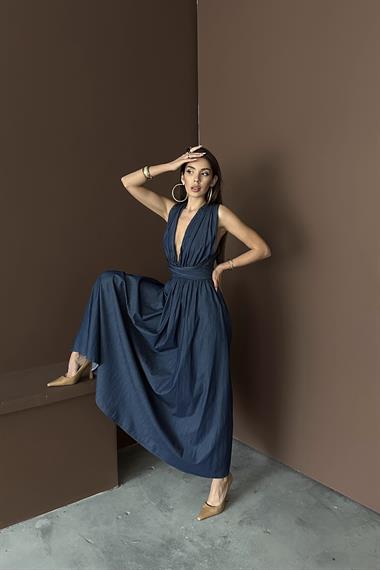 Toptan Mavi Tencel Bağlamalı Elbise