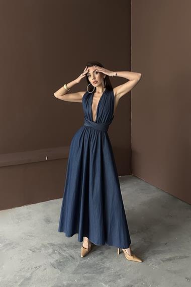 Toptan Mavi Tencel Bağlamalı Elbise