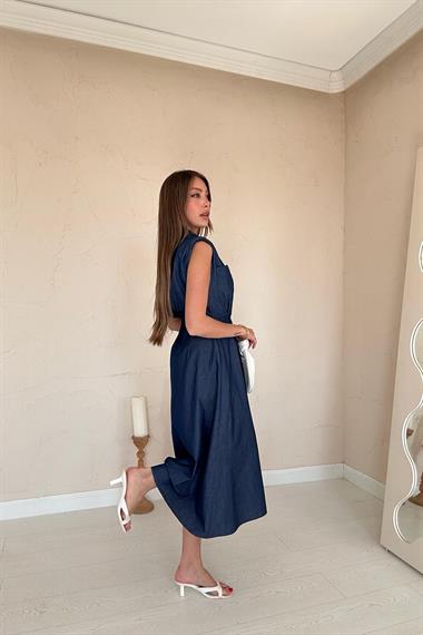 Toptan Mavi Tencel Çıtçıtlı Elbise