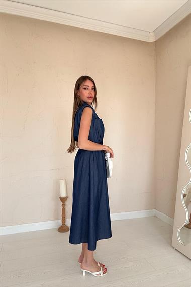 Toptan Mavi Tencel Çıtçıtlı Elbise