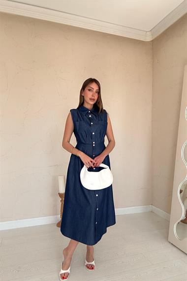 Toptan Mavi Tencel Çıtçıtlı Elbise