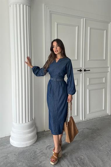 Toptan Mavi Tencel Uzun Kollu Elbise